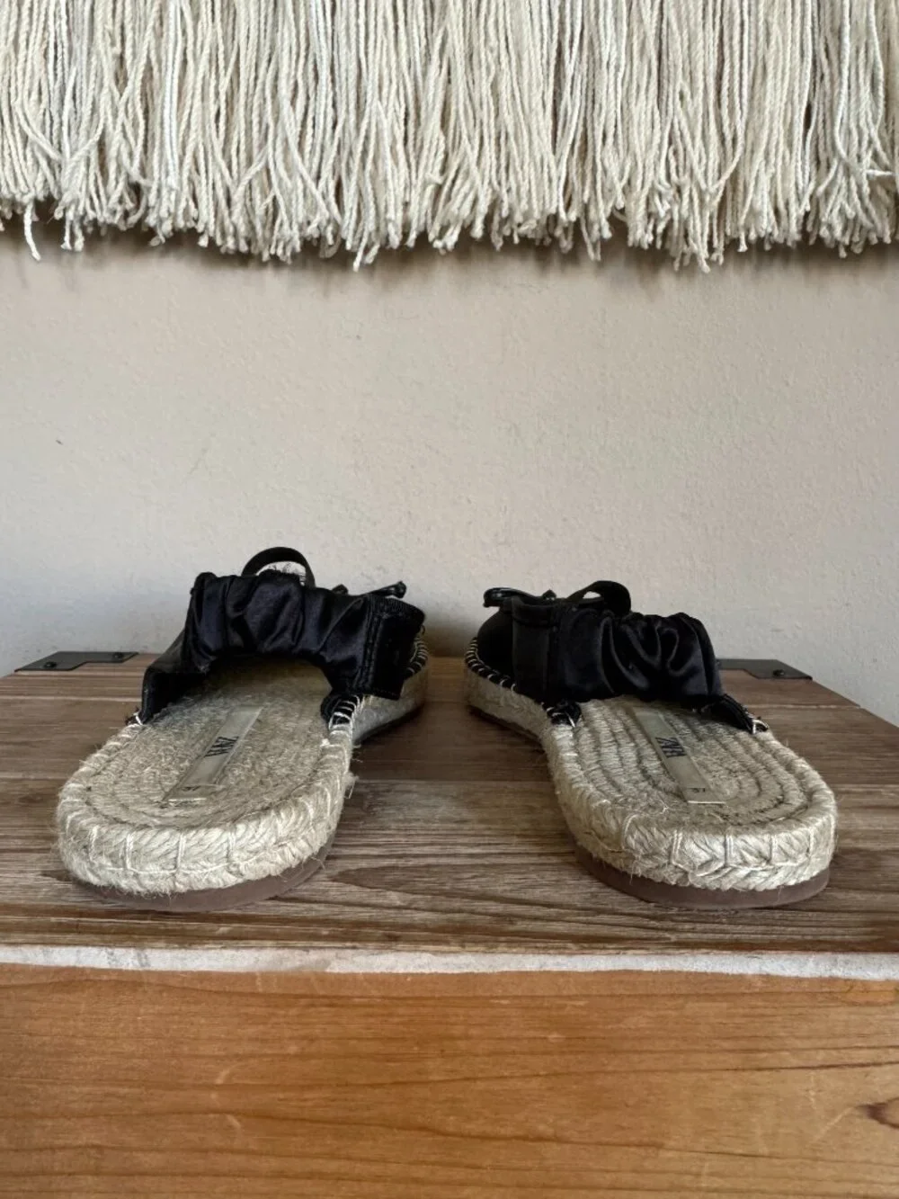 ZARA Black Satin Bow Square Toe Box Maryjane Sling Back Espadrille Flats Size 37